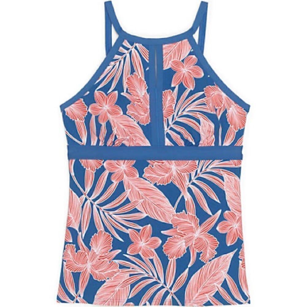 Lands' End Blue & Coral Floral High-Neck Tankini Top. NWOT